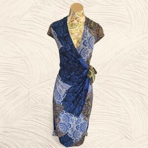 Cache Y2K Blue Paisley Wrap Dress Medium